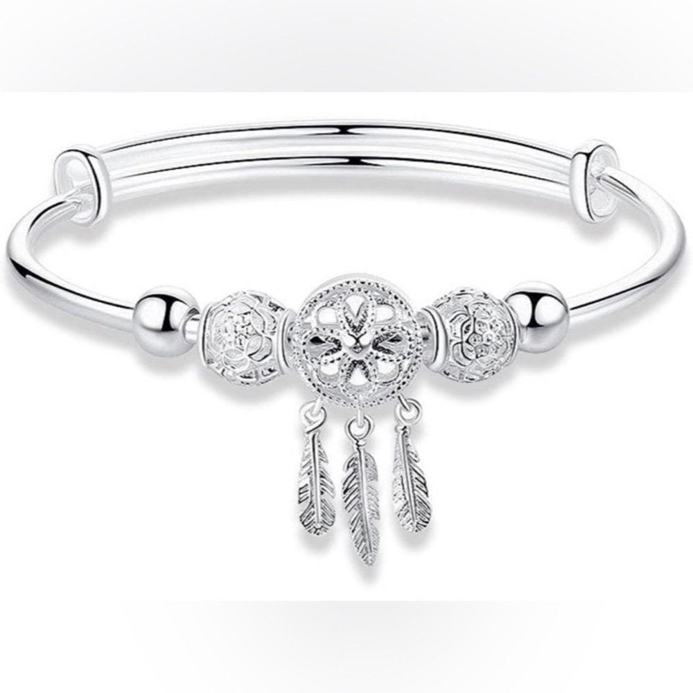 Sterling Silver Dream Catcher Tassel Feather Silver Adjustable Bangle Bracelet